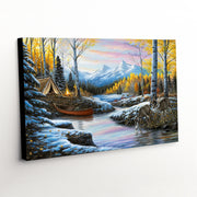 Western landscape canvas print featuring a late autumn camp scene and mule deer in mountainous terrain