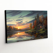 'Lakeside Memories' canvas print, capturing the tranquil beauty of a cabin at sunset, perfect for adding a touch of nostalgia to any room