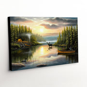 Canvas Art Print of Sunset Canoe Ride on Tranquil Lake, Majestic Bull Moose Nearby, Reminder of Memories with Dad