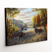 Whitetail Deer Canvas Art Print - two bucks in autumnal landscape with rolling hills