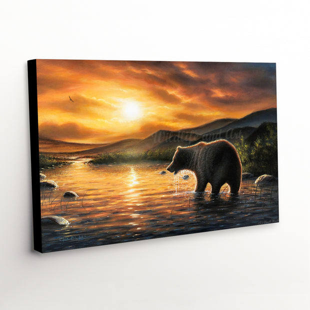 Grizzly Bear Canvas Art Print - bear silhouette against sunset