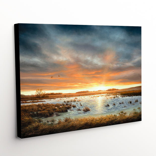 Sunset Landscape Canvas Art Print - 'Restored Beauty' with Restored Wetland and Waterfowl in Flight