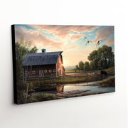 'Returning Home' canvas print, capturing the rustic allure of a farmstead scene highlighted by ducks, a classic barn, and a vibrant sunset