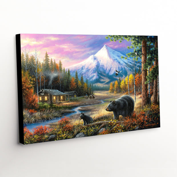 Canvas art print of a Rustic Cabin scene with vibrant Autumn trees, roaming black bears, and distant snow-covered peaks