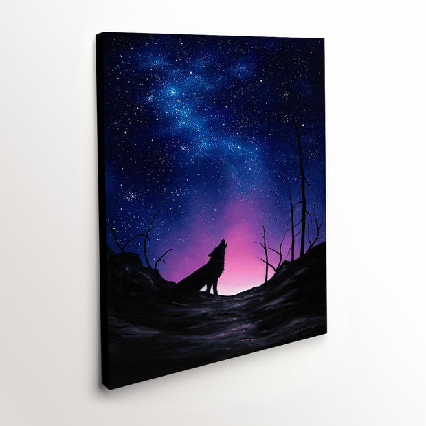 Howling Wolf Canvas Art Print - Starry Night with detailed wolf silhouette