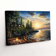 Unframed canvas art print capturing a nostalgic summer night scene with a campfire by a lake and the sun setting in the distance