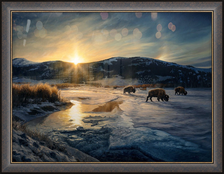 "Sundog Days" - Framed Winter Sunrise Landscape Art Print, Yellowstone Bison