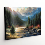 'The Calling' canvas art print highlighting a mesmerizing mountainous scene with a river's shimmer and a wolf in mid-howl