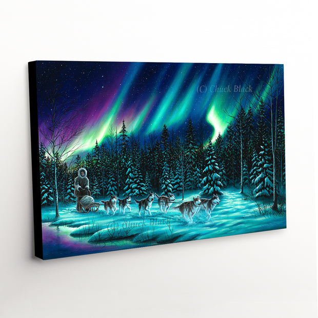 Canvas Art Print - Sled Dog Team Under Northern Lights in a Winter Landscape