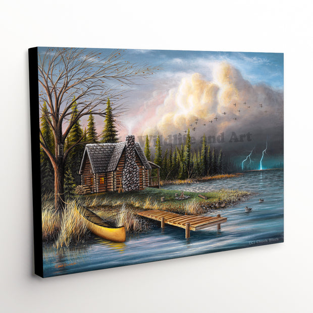 Rustic Cabin Canvas Art Print - 'The Perfect Storm' Depicting Storm Over Lake