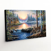 Canvas art print of a tranquil Midwest scene with a rustic cabin, loon, and deer amidst a breathtaking sunrise