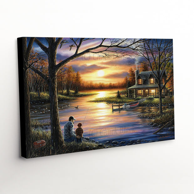 Country Cabin Canvas Art Print - countryside scene with rustic cabin, stunning sunset reflection
