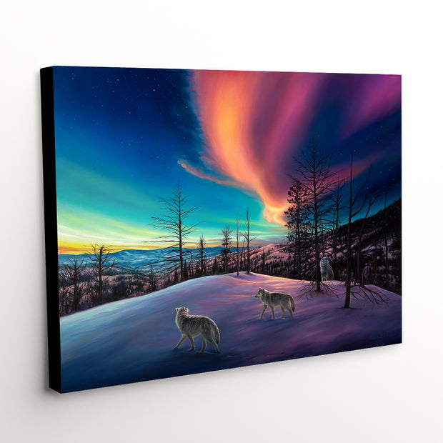 'Unreal Beauty' canvas print depicting an iconic winter scene of wolves, enhancing any room with its vivid colors and natural beauty