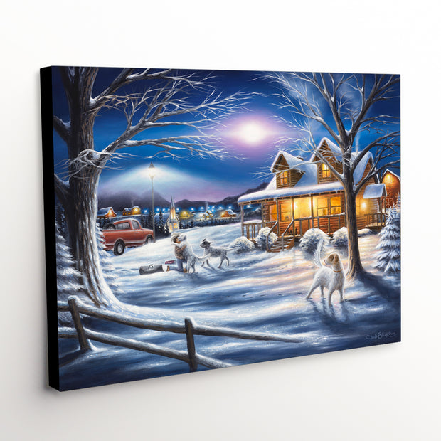 Unframed canvas print depicting a serene wintry scene with a snug cabin blanketed by fresh snow