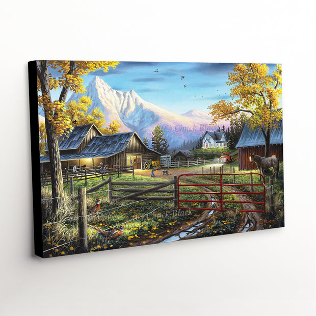 Ranch Themed Canvas Art Print with Snowy Mountain Landscape and Animals